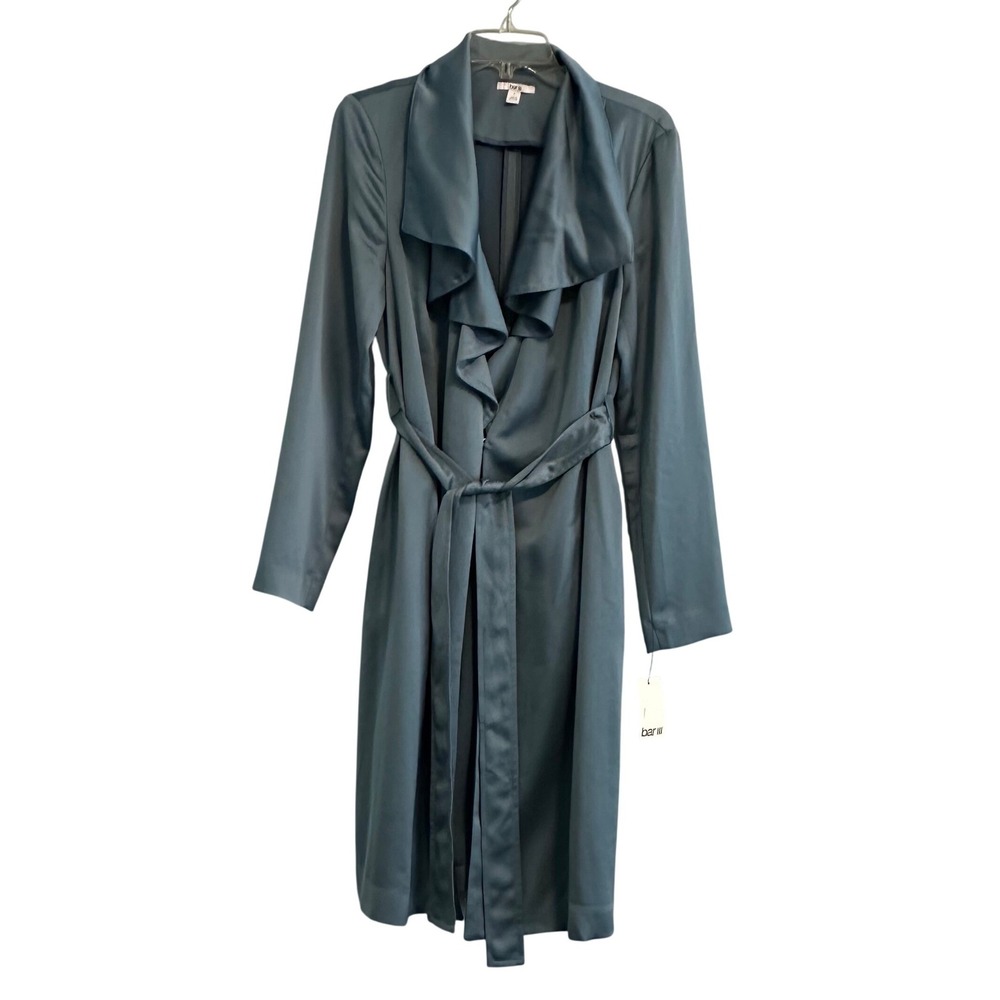 Bar III Women L‎ Denim Spruce Waterfall Duster Jacket Coat Satin Blue Belted NWT